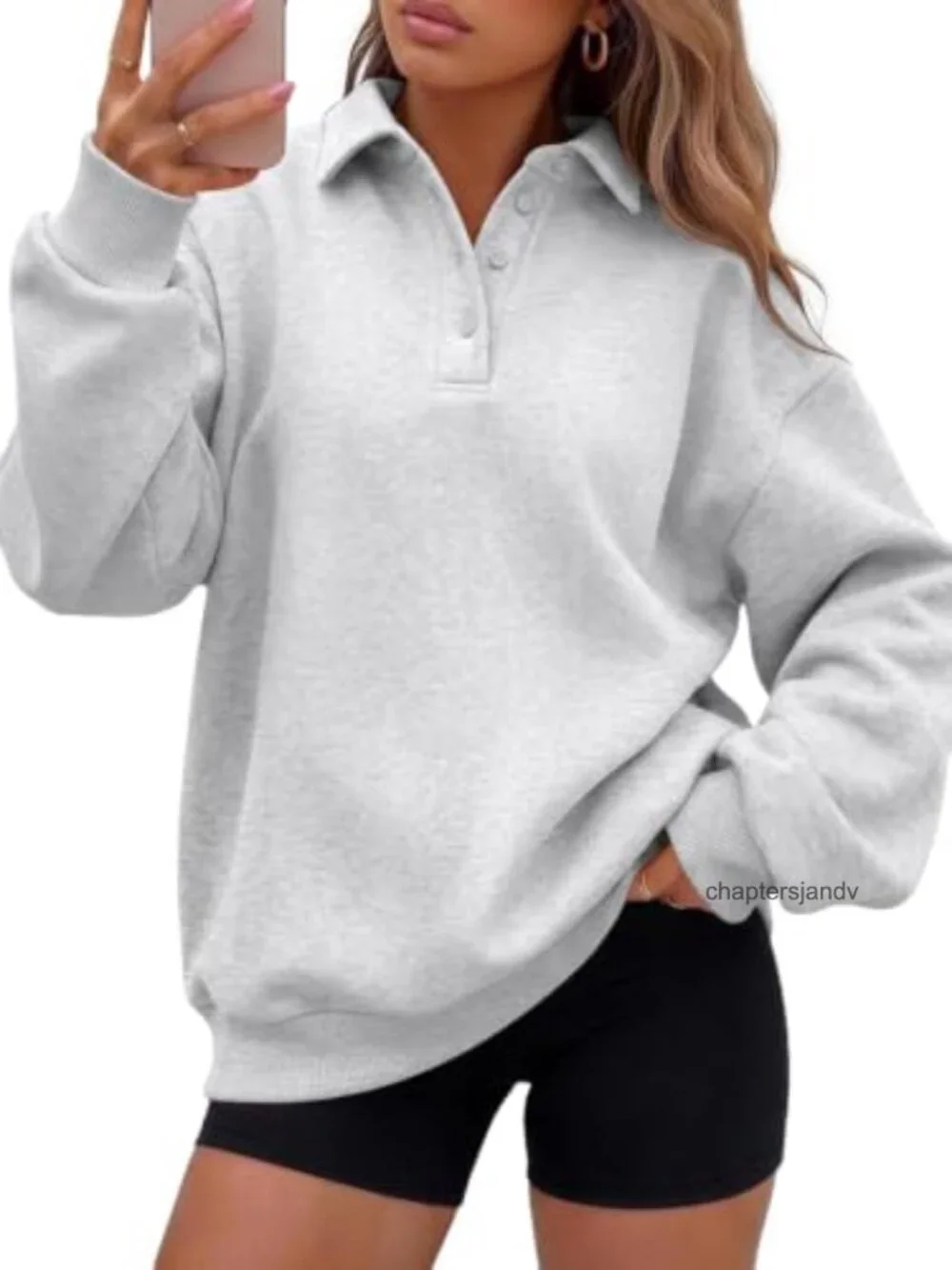 Oversized Fleece Sweatshirt Polo Collar Quarter Button Pullover Women